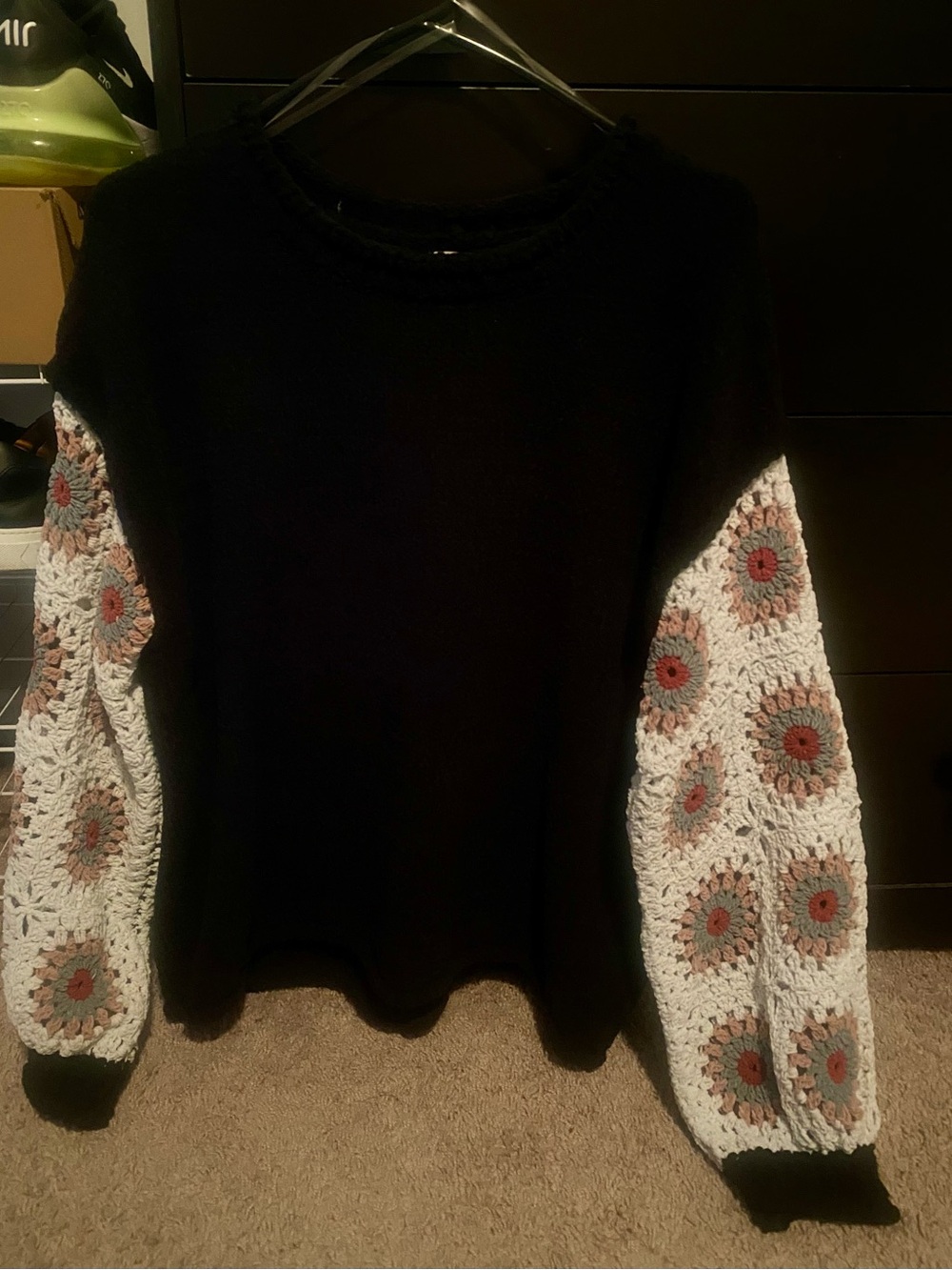POL Black Crewneck Sweater with Cream Crochet Floral Sleeves NWOT